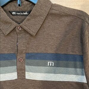 Travis Mathew Brown Polo with Blue and Gray Stripes